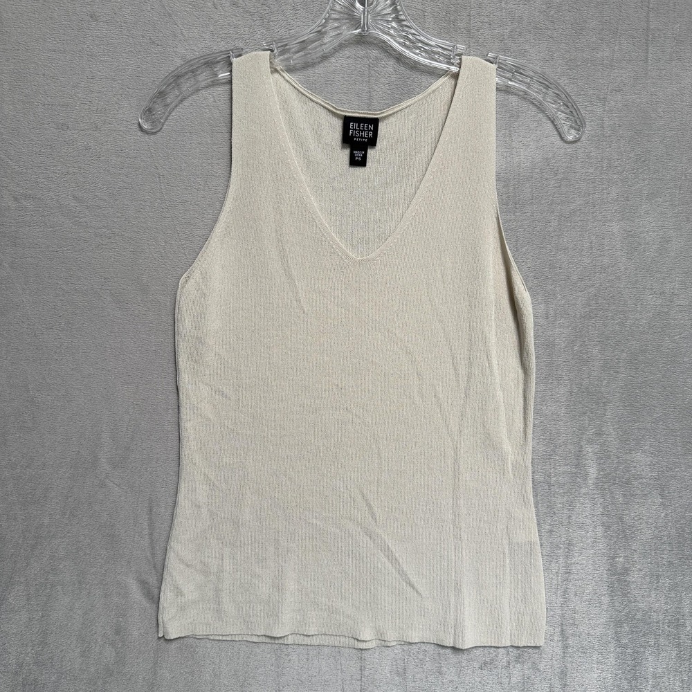 Eileen Fisher Tank Top Womens Petite Small White‎ V Neck Knit Stretch Basic